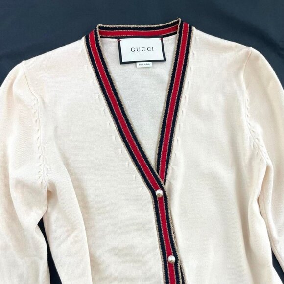Authentic Gucci Ivory Cream Web Stripe Trimmed Buttons Wool Cardigan Sweater S - Picture 6 of 13